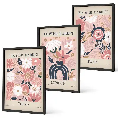 Wall art set featuring floral motifs of Tokyo, London, and Paris