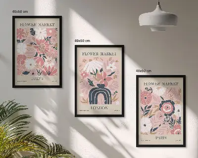 Wall art set featuring floral motifs of Tokyo, London, and Paris