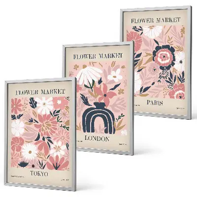 Wall art set featuring floral motifs of Tokyo, London, and Paris