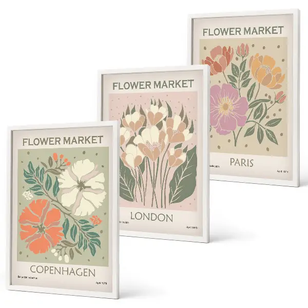 Three-piece floral wall art set featuring Copenhagen, London, and Paris prints