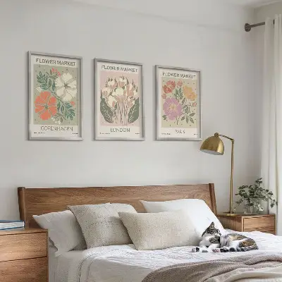 Three-piece floral wall art set featuring Copenhagen, London, and Paris prints