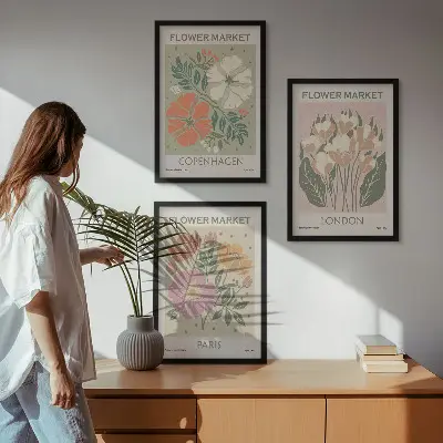 Three-piece floral wall art set featuring Copenhagen, London, and Paris prints