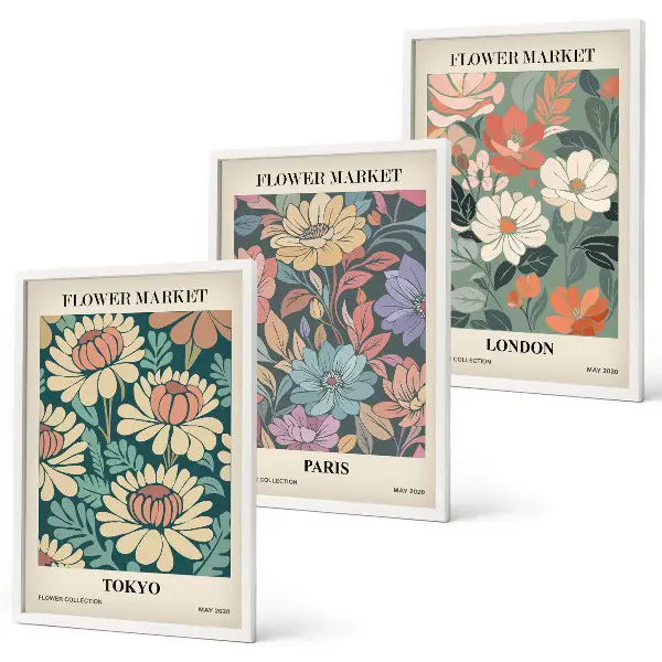 Flower Posters of Tokyo, Paris, and London set of 3 framed wall art pieces