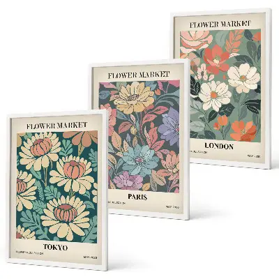 Flower Posters of Tokyo, Paris, and London set of 3 framed wall art pieces