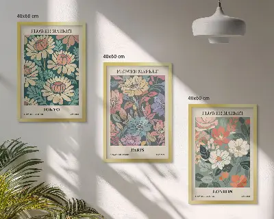 Flower Posters of Tokyo, Paris, and London set of 3 framed wall art pieces