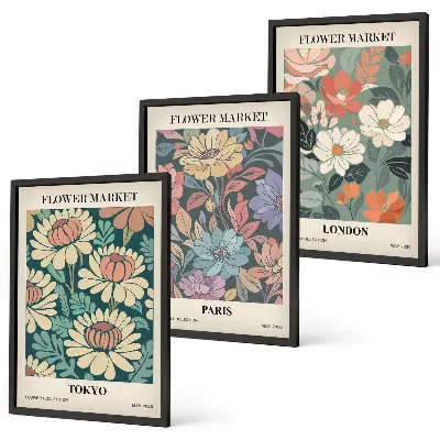 Flower Posters of Tokyo, Paris, and London set of 3 framed wall art pieces