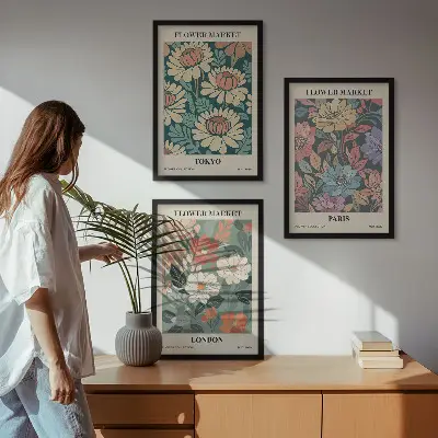 Flower Posters of Tokyo, Paris, and London set of 3 framed wall art pieces