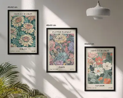 Flower Posters of Tokyo, Paris, and London set of 3 framed wall art pieces
