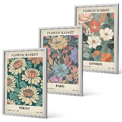 Flower Posters of Tokyo, Paris, and London set of 3 framed wall art pieces