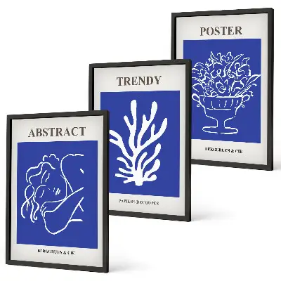 Set of 3 framed wall art pieces Stylish blue posters