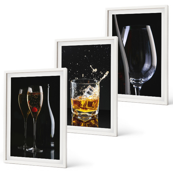 Set of 3 framed wall art pieces Glasses of wine and whiskey on a black background