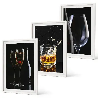Set of 3 framed wall art pieces featuring glasses of wine and whiskey on a black background