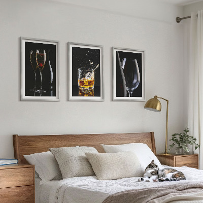 Set of 3 framed wall art pieces Glasses of wine and whiskey on a black background