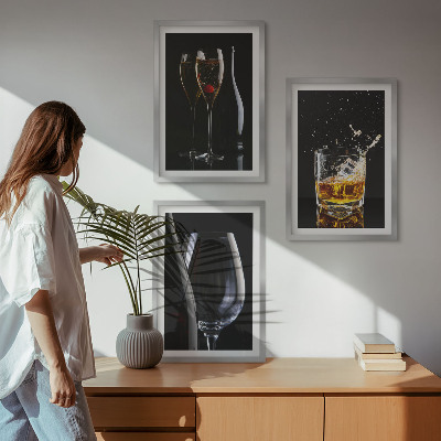 Set of 3 framed wall art pieces Glasses of wine and whiskey on a black background