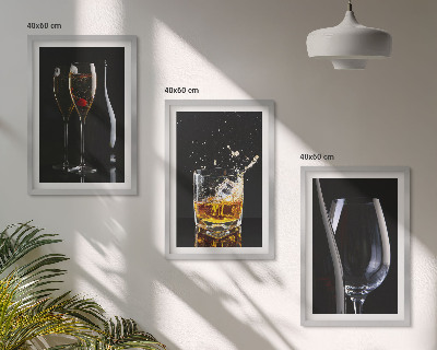 Set of 3 framed wall art pieces Glasses of wine and whiskey on a black background