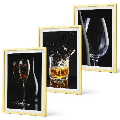 Set of 3 framed wall art pieces Glasses of wine and whiskey on a black background