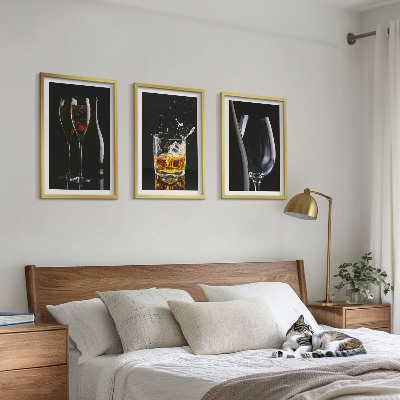 Set of 3 framed wall art pieces Glasses of wine and whiskey on a black background