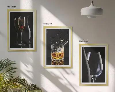 Set of 3 framed wall art pieces featuring glasses of wine and whiskey on a black background
