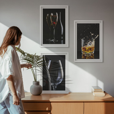 Set of 3 framed wall art pieces Glasses of wine and whiskey on a black background