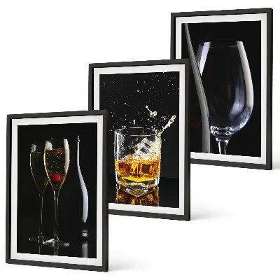 Set of 3 framed wall art pieces featuring glasses of wine and whiskey on a black background