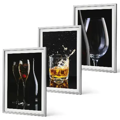 Set of 3 framed wall art pieces featuring glasses of wine and whiskey on a black background
