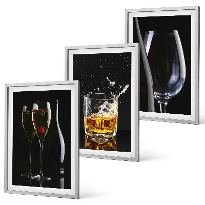 Set of 3 framed wall art pieces Glasses of wine and whiskey on a black background