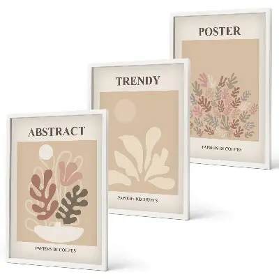 Set of 3 framed wall art pieces with beige and brown plant motifs