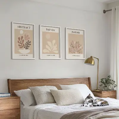 Set of 3 framed wall art pieces with beige and brown plant motifs