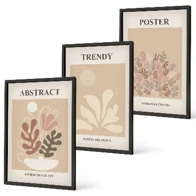 Set of 3 framed wall art pieces with beige and brown plant motifs