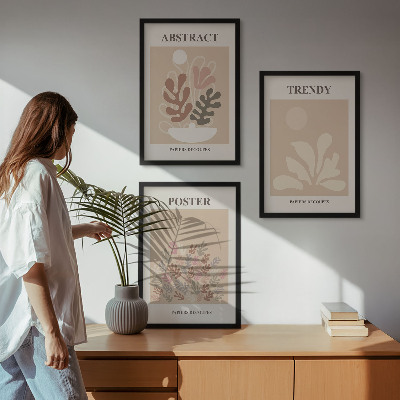 Set of 3 framed wall art pieces Plant motifs beige brown