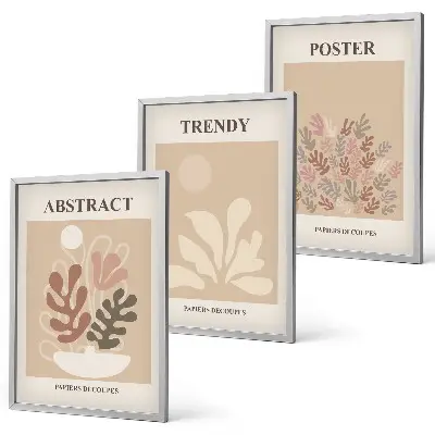 Set of 3 framed wall art pieces with beige and brown plant motifs