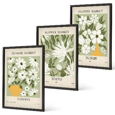 Floral patterns wall art set featuring London Tokyo and Dublin designs