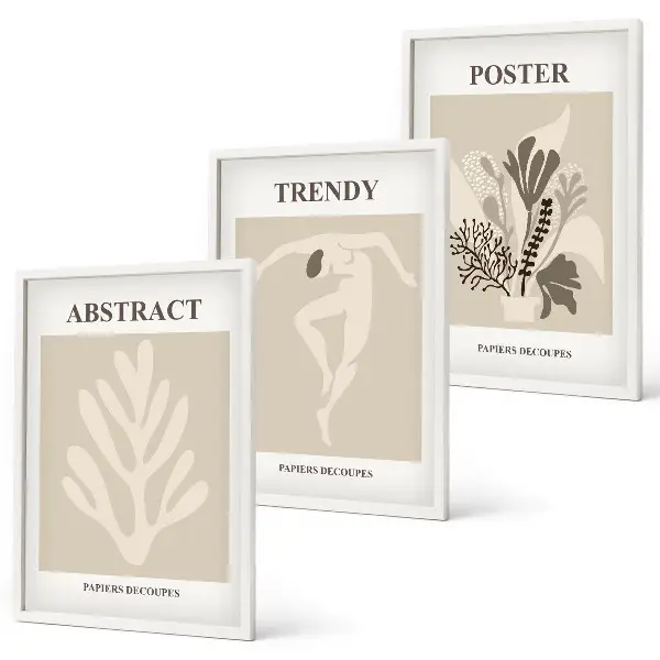 Set of 3 framed wall art pieces Floral patterns beige brown