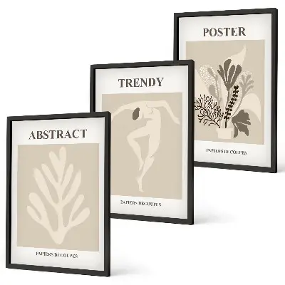 Set of 3 framed wall art pieces with floral patterns in beige and brown