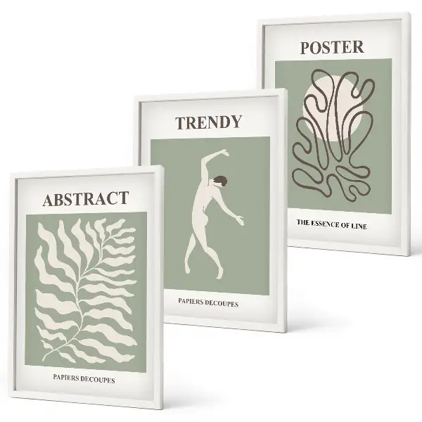 Set of 3 framed wall art pieces Matisse's green plant patterns