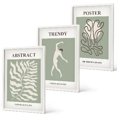 Set of 3 framed wall art pieces featuring Matisse green plant patterns