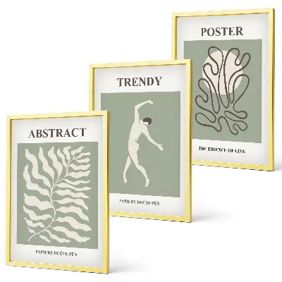 Set of 3 framed wall art pieces featuring Matisse green plant patterns