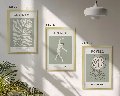 Set of 3 framed wall art pieces featuring Matisse green plant patterns
