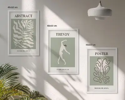 Set of 3 framed wall art pieces featuring Matisse green plant patterns