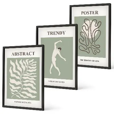 Set of 3 framed wall art pieces Matisse's green plant patterns