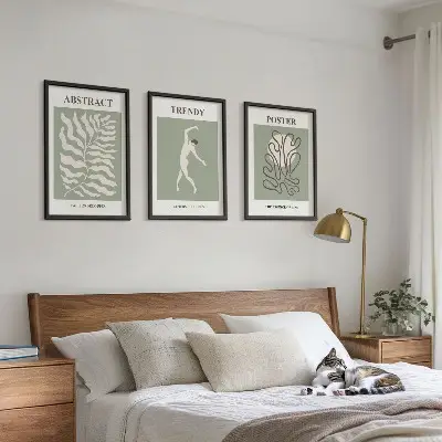 Set of 3 framed wall art pieces featuring Matisse green plant patterns