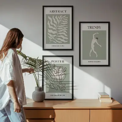 Set of 3 framed wall art pieces featuring Matisse green plant patterns