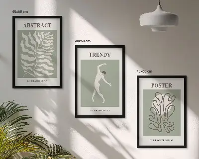 Set of 3 framed wall art pieces featuring Matisse green plant patterns