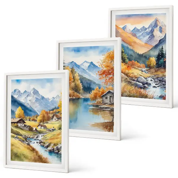 Autumn mountains river houses framed wall art set of 3 pieces