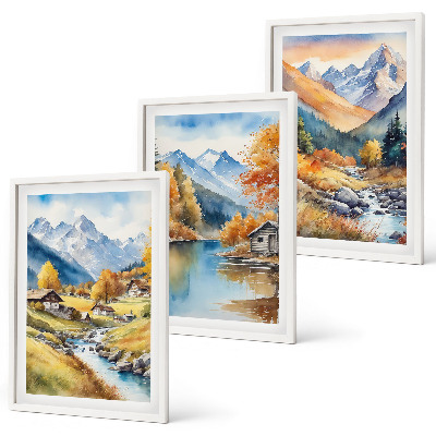 Set of 3 framed wall art pieces Autumn mountains river houses