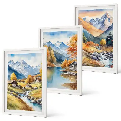 Autumn mountains river houses framed wall art set of 3 pieces