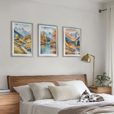 Autumn mountains river houses framed wall art set of 3 pieces