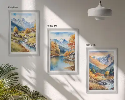 Autumn mountains river houses framed wall art set of 3 pieces