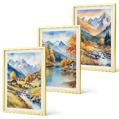 Autumn mountains river houses framed wall art set of 3 pieces