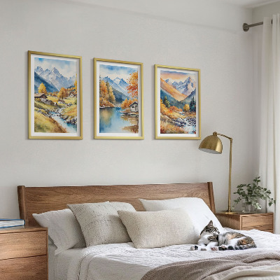 Set of 3 framed wall art pieces Autumn mountains river houses